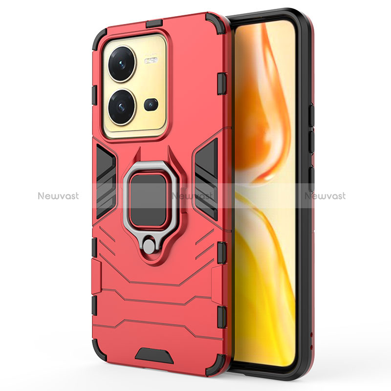 Silicone Matte Finish and Plastic Back Cover Case with Magnetic Finger Ring Stand KC2 for Vivo X80 Lite 5G Red