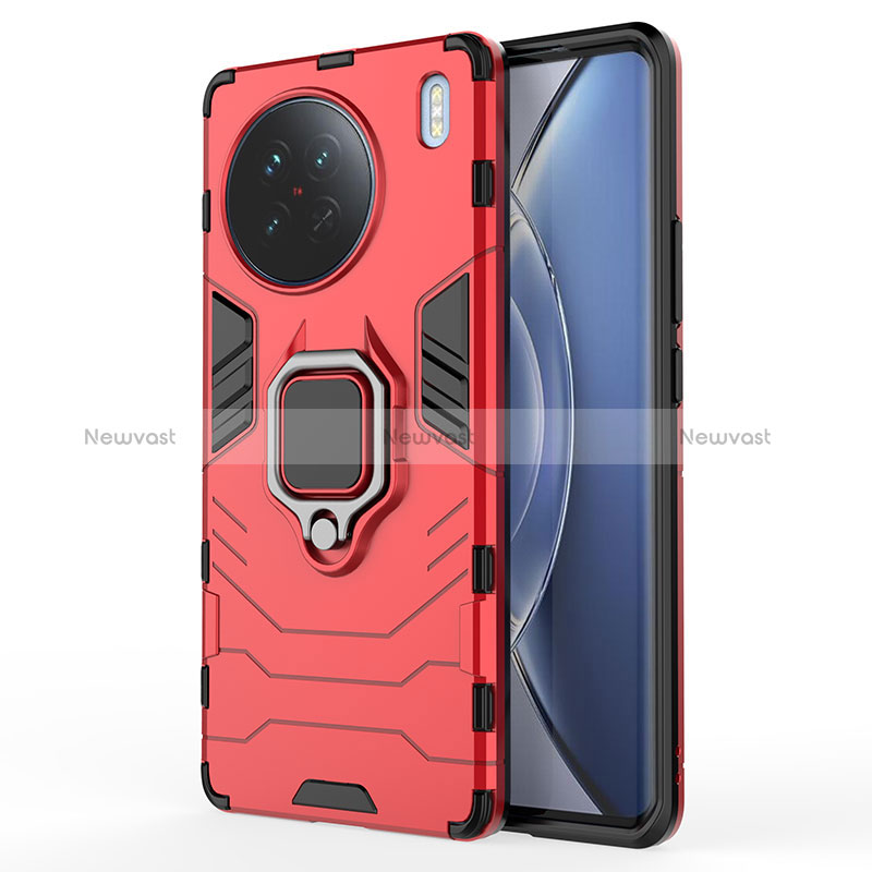 Silicone Matte Finish and Plastic Back Cover Case with Magnetic Finger Ring Stand KC2 for Vivo X90 5G