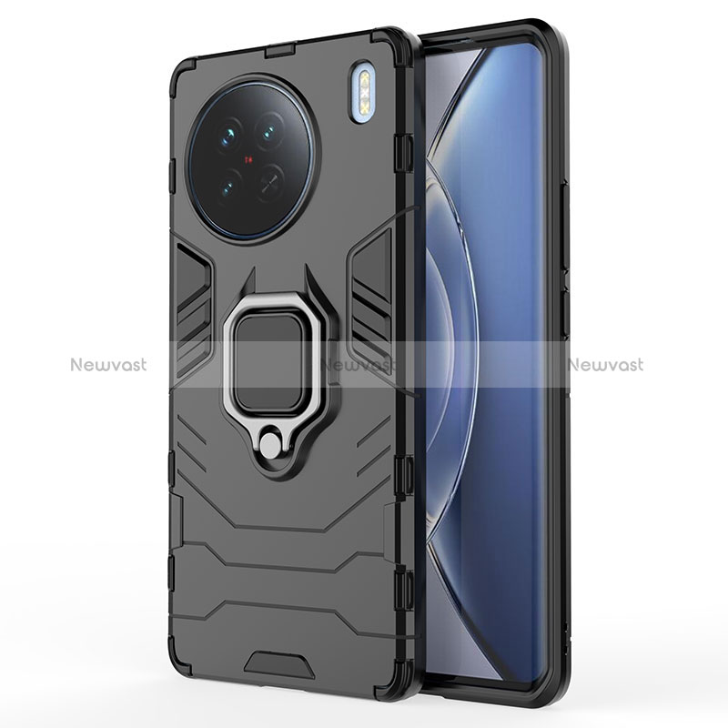 Silicone Matte Finish and Plastic Back Cover Case with Magnetic Finger Ring Stand KC2 for Vivo X90 5G Black