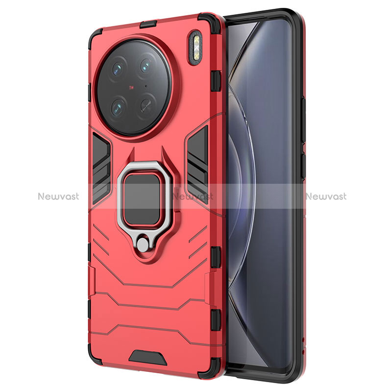 Silicone Matte Finish and Plastic Back Cover Case with Magnetic Finger Ring Stand KC2 for Vivo X90 Pro 5G