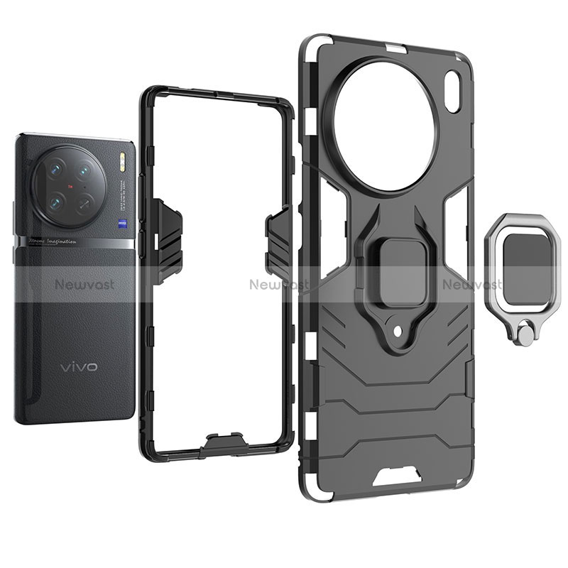 Silicone Matte Finish and Plastic Back Cover Case with Magnetic Finger Ring Stand KC2 for Vivo X90 Pro 5G