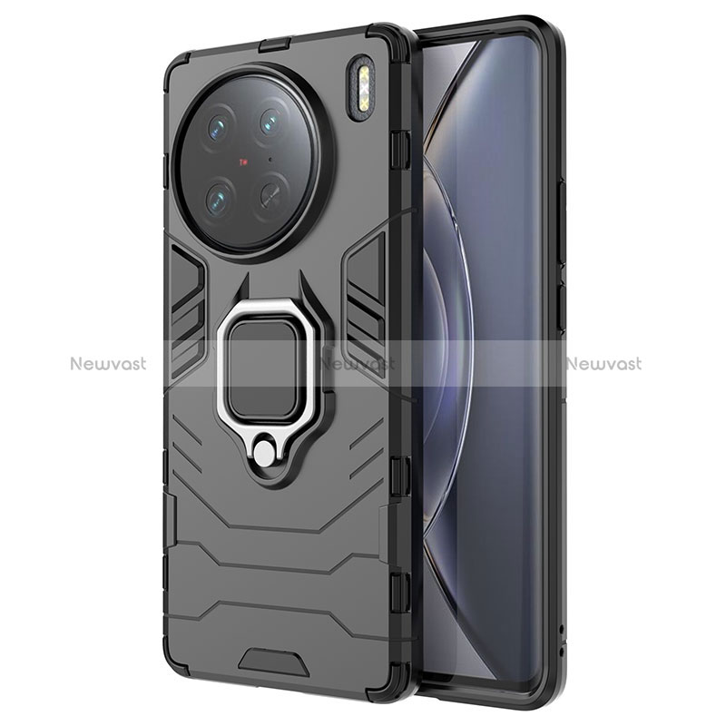 Silicone Matte Finish and Plastic Back Cover Case with Magnetic Finger Ring Stand KC2 for Vivo X90 Pro 5G Black