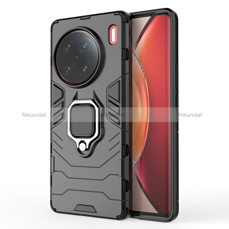 Silicone Matte Finish and Plastic Back Cover Case with Magnetic Finger Ring Stand KC2 for Vivo X90 Pro+ Plus 5G