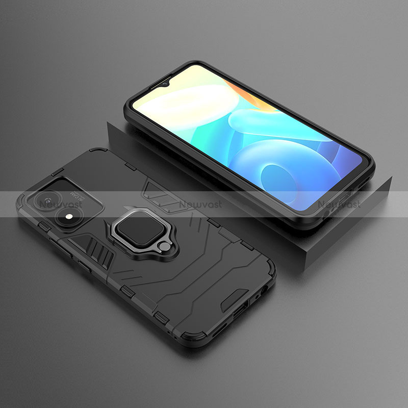 Silicone Matte Finish and Plastic Back Cover Case with Magnetic Finger Ring Stand KC2 for Vivo Y02S