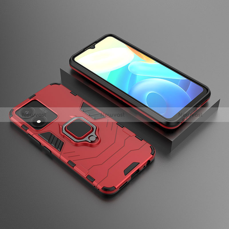 Silicone Matte Finish and Plastic Back Cover Case with Magnetic Finger Ring Stand KC2 for Vivo Y02S