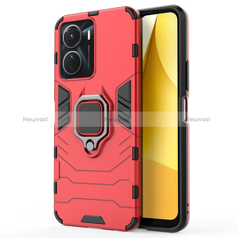 Silicone Matte Finish and Plastic Back Cover Case with Magnetic Finger Ring Stand KC2 for Vivo Y16 Red