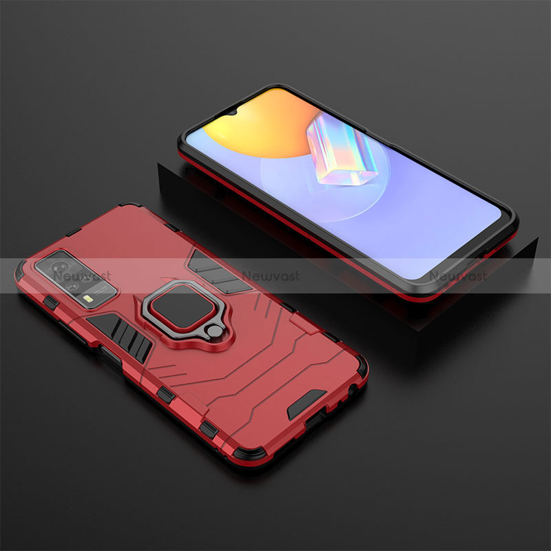 Silicone Matte Finish and Plastic Back Cover Case with Magnetic Finger Ring Stand KC2 for Vivo Y31 (2021)
