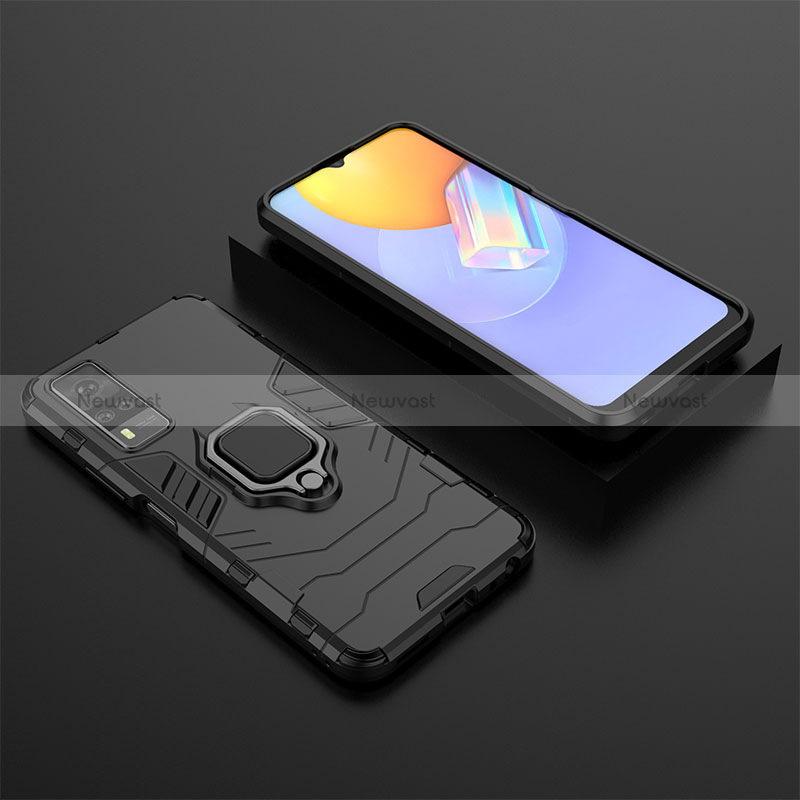 Silicone Matte Finish and Plastic Back Cover Case with Magnetic Finger Ring Stand KC2 for Vivo Y31 (2021) Black