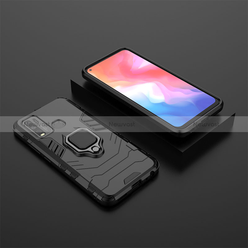 Silicone Matte Finish and Plastic Back Cover Case with Magnetic Finger Ring Stand KC2 for Vivo Y50 Black