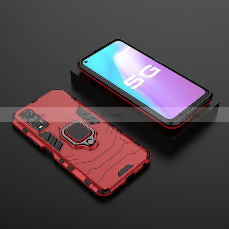 Silicone Matte Finish and Plastic Back Cover Case with Magnetic Finger Ring Stand KC2 for Vivo Y50t Red