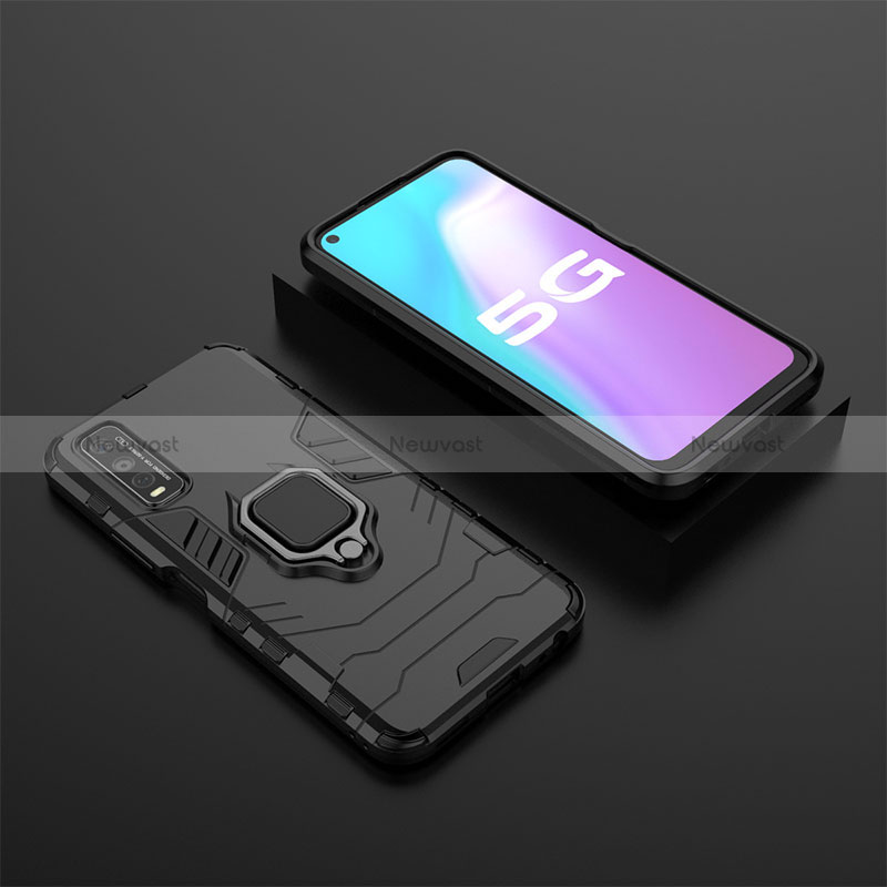 Silicone Matte Finish and Plastic Back Cover Case with Magnetic Finger Ring Stand KC2 for Vivo Y51s 5G Black