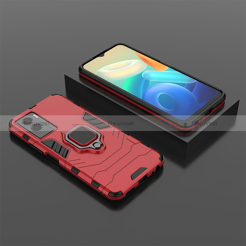 Silicone Matte Finish and Plastic Back Cover Case with Magnetic Finger Ring Stand KC2 for Vivo Y55s (2021) Red