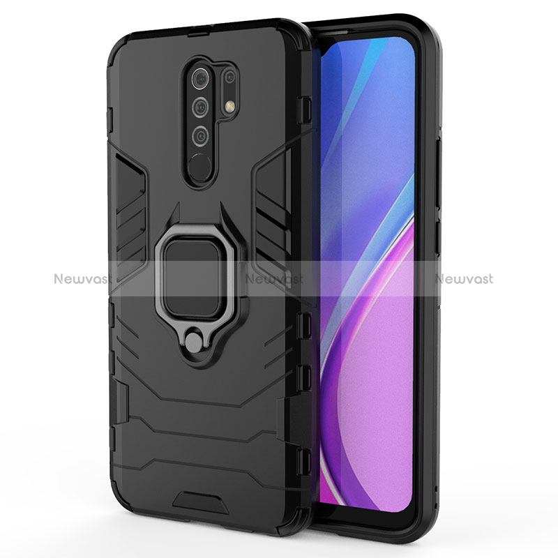 Silicone Matte Finish and Plastic Back Cover Case with Magnetic Finger Ring Stand KC2 for Xiaomi Redmi 9 Prime India