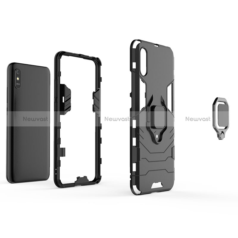 Silicone Matte Finish and Plastic Back Cover Case with Magnetic Finger Ring Stand KC2 for Xiaomi Redmi 9i