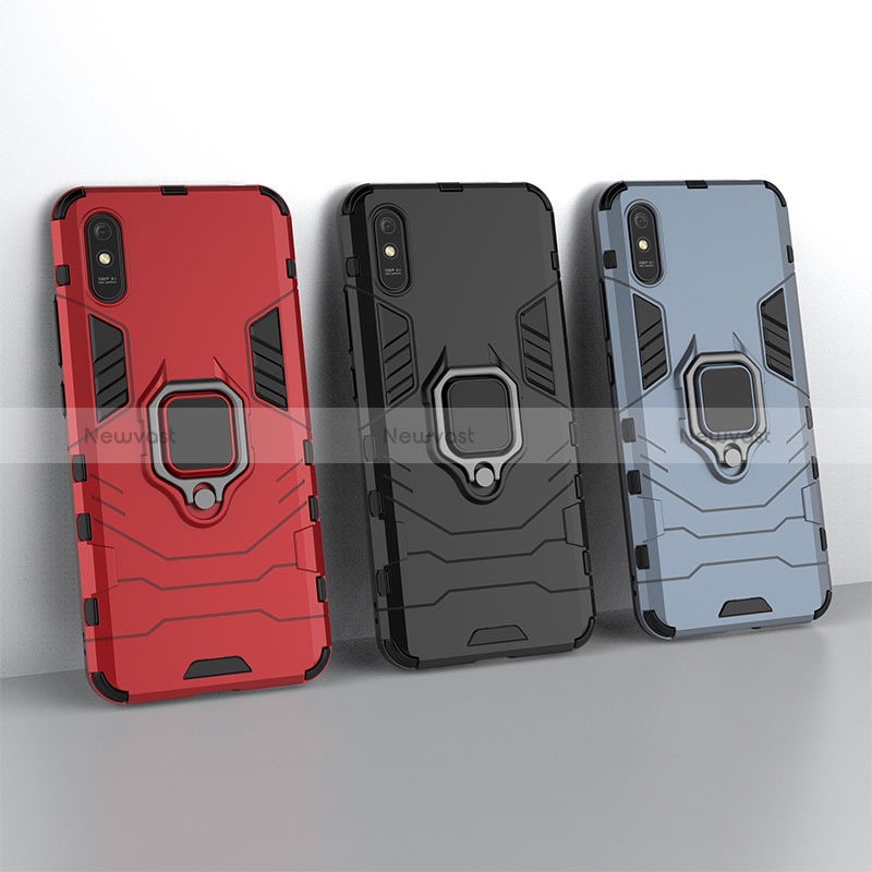 Silicone Matte Finish and Plastic Back Cover Case with Magnetic Finger Ring Stand KC2 for Xiaomi Redmi 9i