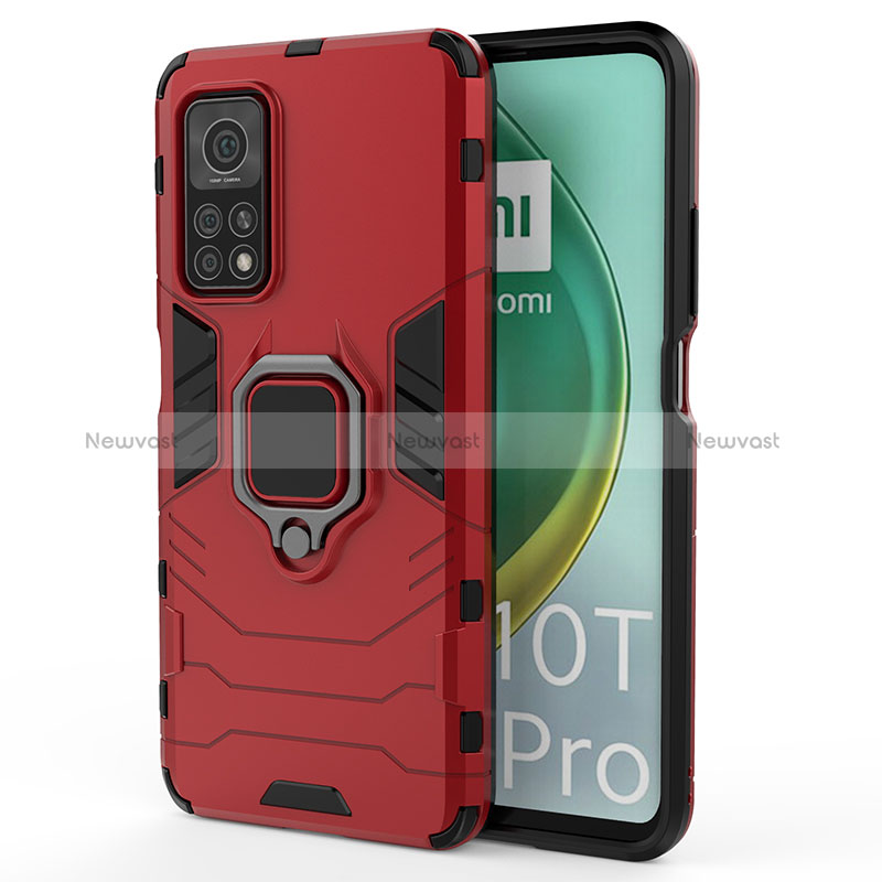 Silicone Matte Finish and Plastic Back Cover Case with Magnetic Finger Ring Stand KC2 for Xiaomi Redmi K30S 5G Red