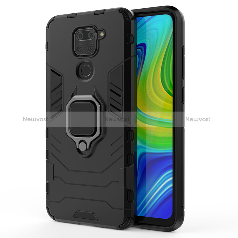 Silicone Matte Finish and Plastic Back Cover Case with Magnetic Finger Ring Stand KC2 for Xiaomi Redmi Note 9 Black