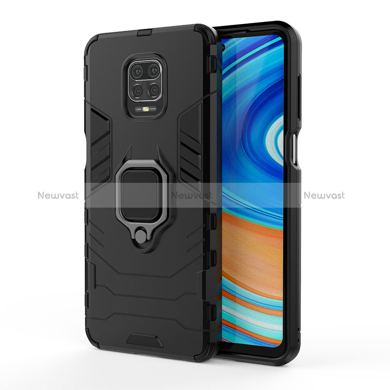 Silicone Matte Finish and Plastic Back Cover Case with Magnetic Finger Ring Stand KC2 for Xiaomi Redmi Note 9S Black