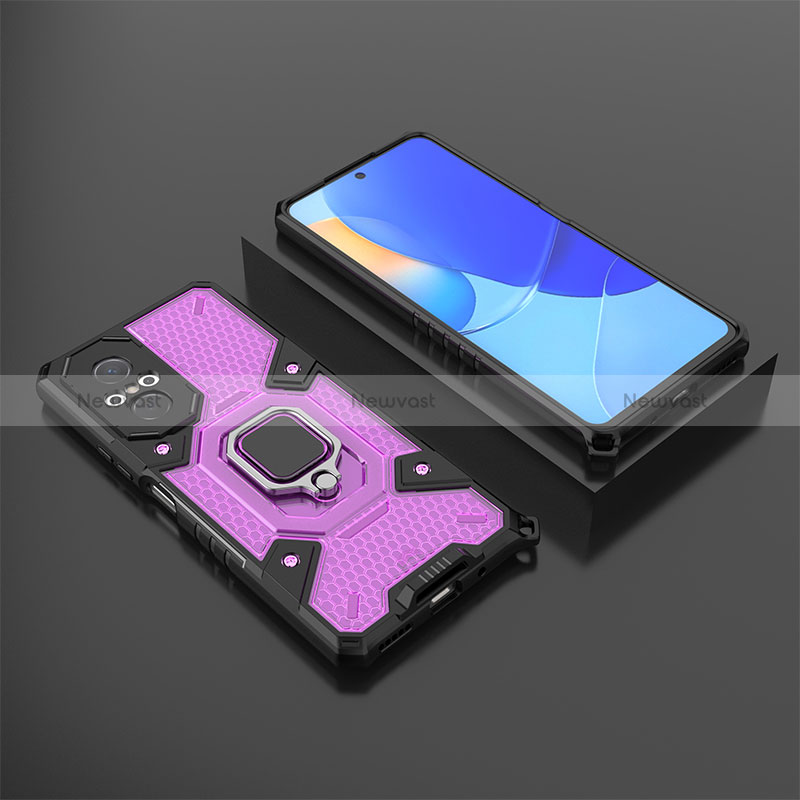 Silicone Matte Finish and Plastic Back Cover Case with Magnetic Finger Ring Stand KC3 for Huawei Honor 50 SE 5G Purple