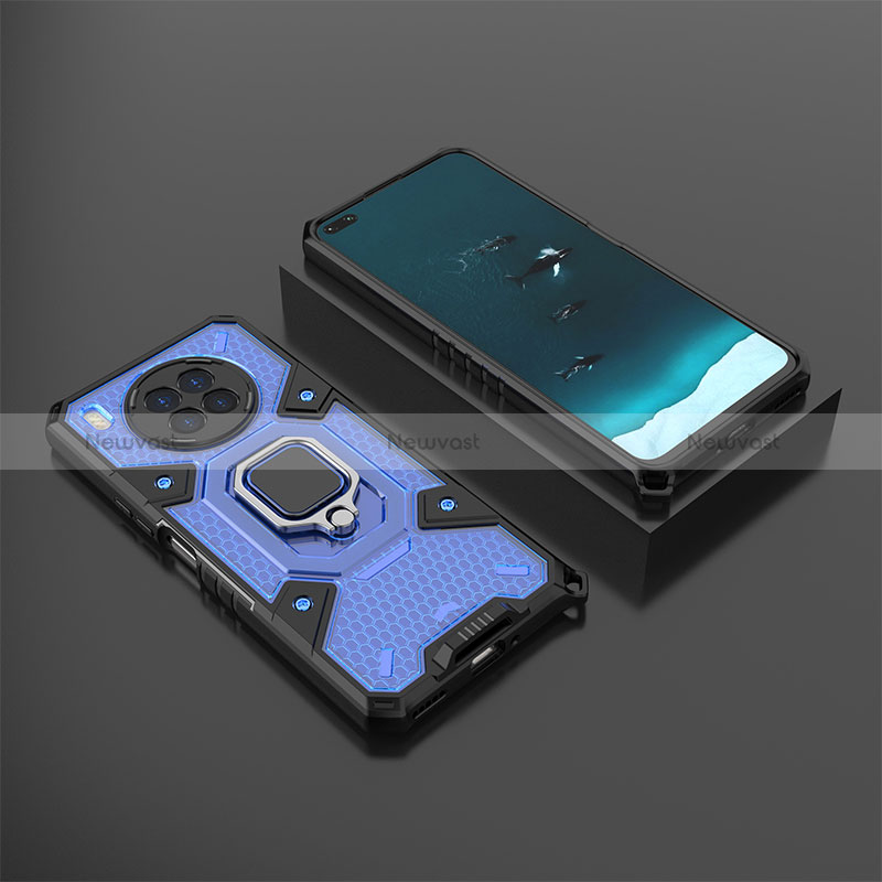 Silicone Matte Finish and Plastic Back Cover Case with Magnetic Finger Ring Stand KC3 for Huawei Nova 8i Blue