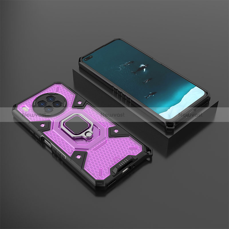 Silicone Matte Finish and Plastic Back Cover Case with Magnetic Finger Ring Stand KC3 for Huawei Nova 8i Purple