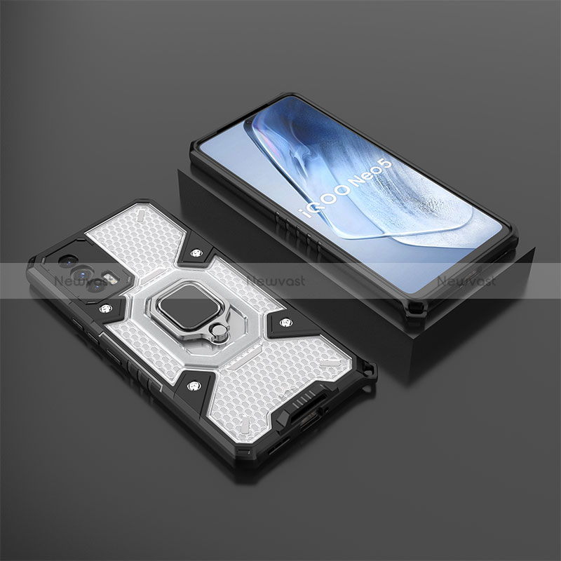 Silicone Matte Finish and Plastic Back Cover Case with Magnetic Finger Ring Stand KC3 for Vivo iQOO 7 India 5G