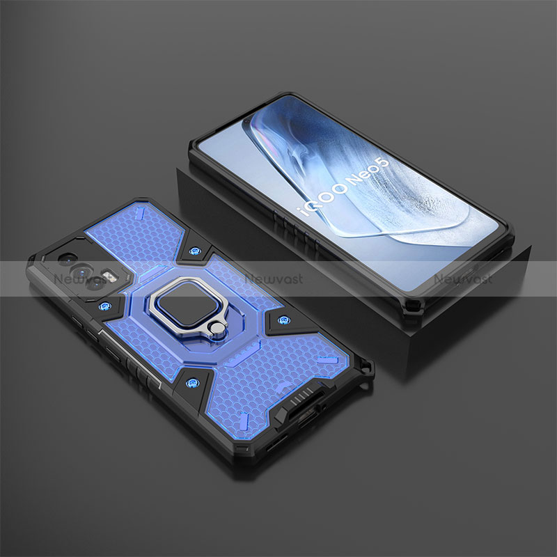 Silicone Matte Finish and Plastic Back Cover Case with Magnetic Finger Ring Stand KC3 for Vivo iQOO 7 India 5G