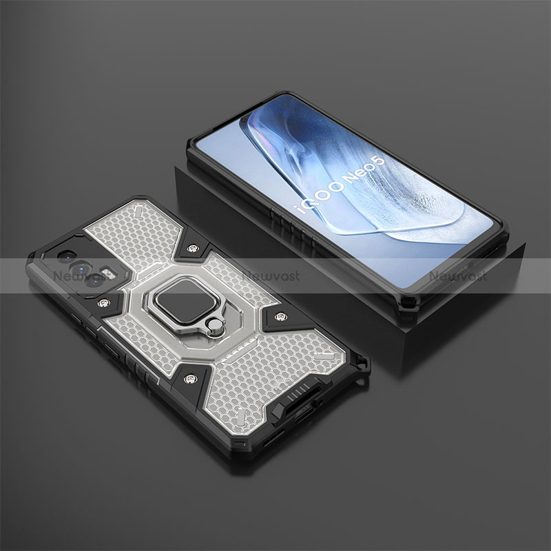 Silicone Matte Finish and Plastic Back Cover Case with Magnetic Finger Ring Stand KC3 for Vivo iQOO 7 India 5G