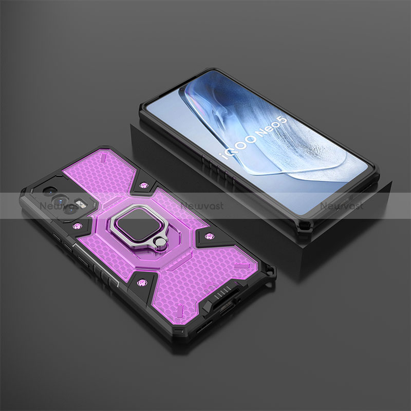 Silicone Matte Finish and Plastic Back Cover Case with Magnetic Finger Ring Stand KC3 for Vivo iQOO 7 India 5G Purple