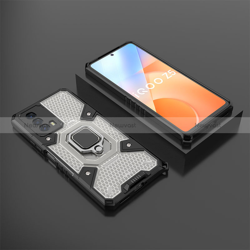 Silicone Matte Finish and Plastic Back Cover Case with Magnetic Finger Ring Stand KC3 for Vivo iQOO Z5 5G Black