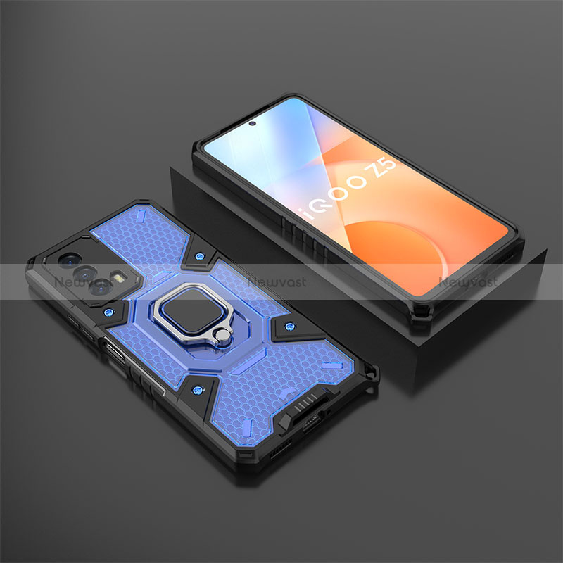 Silicone Matte Finish and Plastic Back Cover Case with Magnetic Finger Ring Stand KC3 for Vivo iQOO Z5 5G Blue