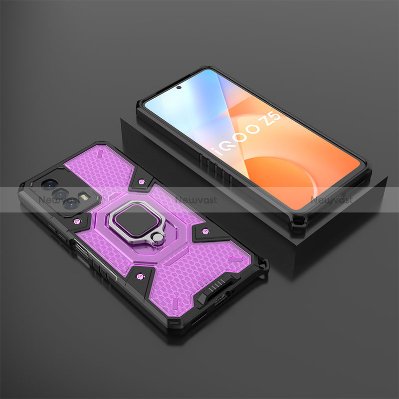 Silicone Matte Finish and Plastic Back Cover Case with Magnetic Finger Ring Stand KC3 for Vivo iQOO Z5 5G Purple