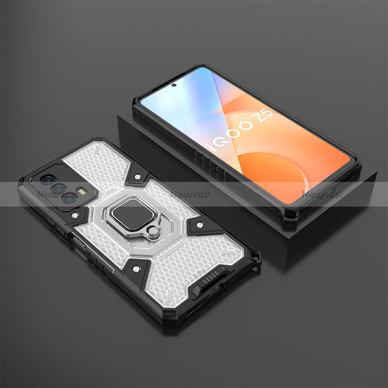 Silicone Matte Finish and Plastic Back Cover Case with Magnetic Finger Ring Stand KC3 for Vivo iQOO Z5 5G White