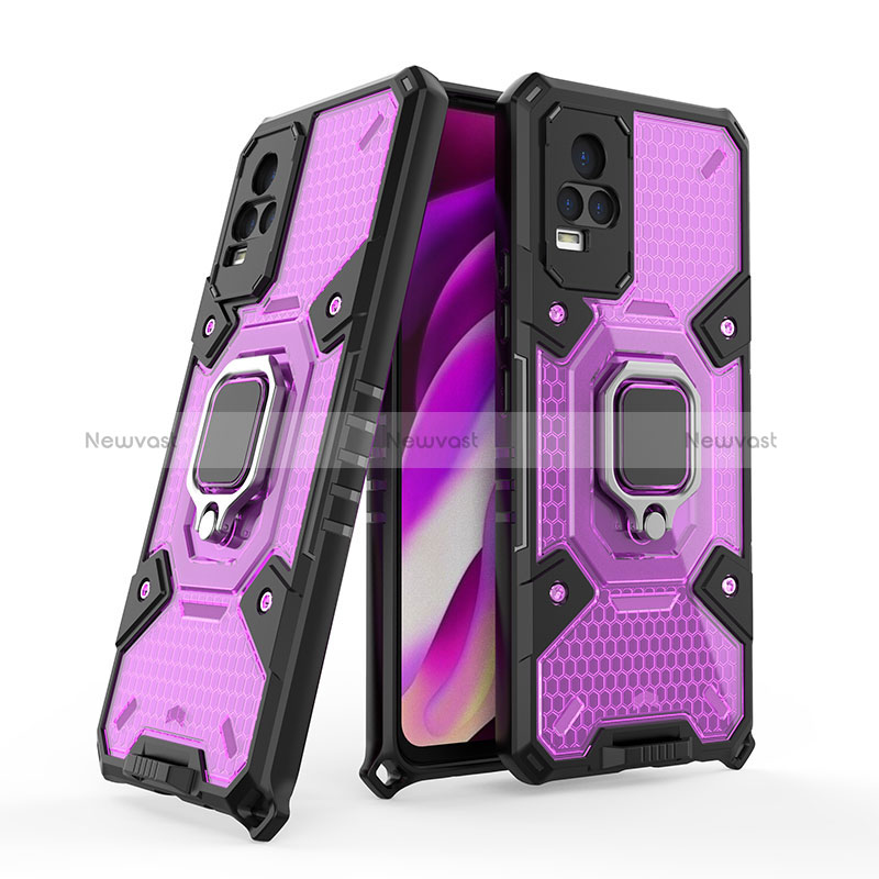 Silicone Matte Finish and Plastic Back Cover Case with Magnetic Finger Ring Stand KC3 for Vivo V21e 4G Purple