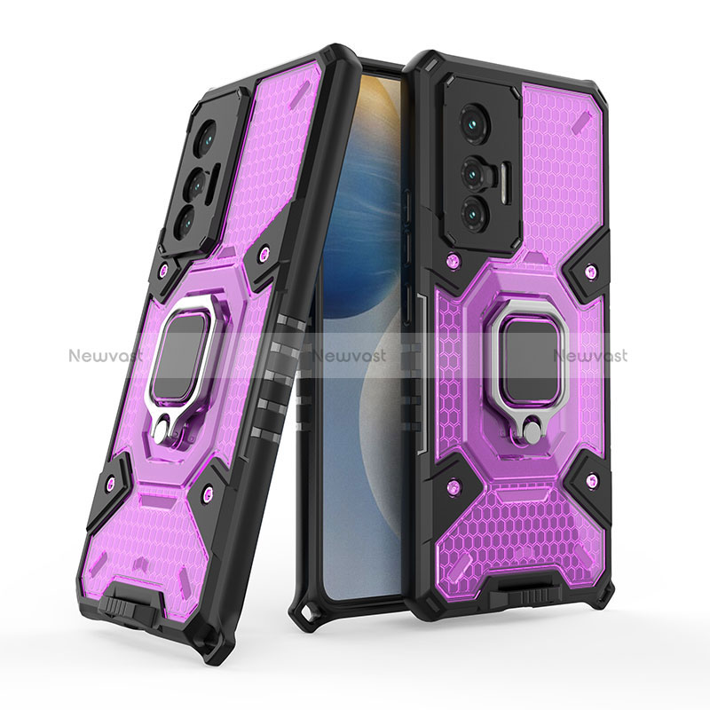 Silicone Matte Finish and Plastic Back Cover Case with Magnetic Finger Ring Stand KC3 for Vivo X70 5G Purple