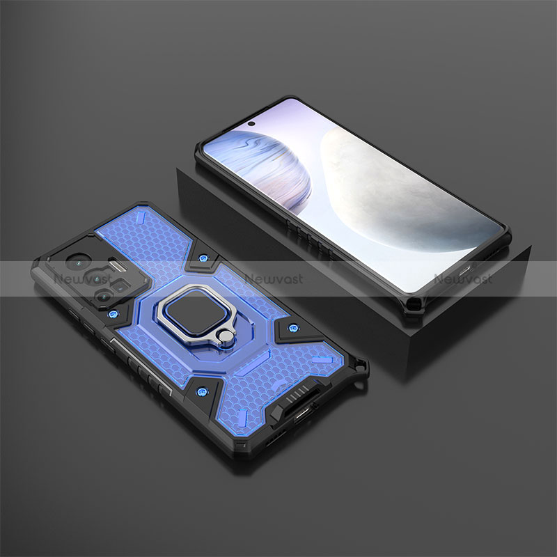 Silicone Matte Finish and Plastic Back Cover Case with Magnetic Finger Ring Stand KC3 for Vivo X70 Pro 5G Blue