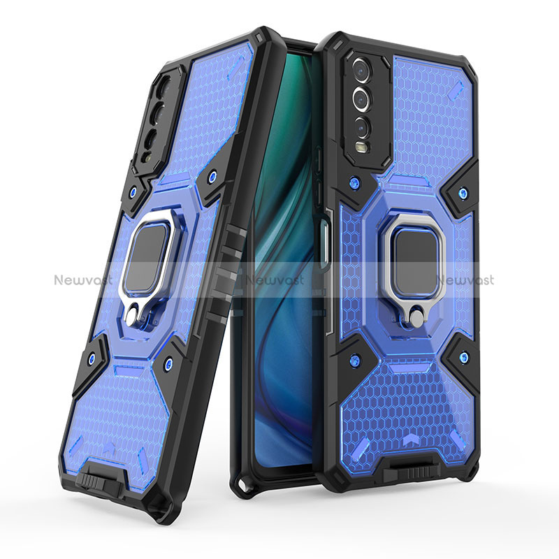 Silicone Matte Finish and Plastic Back Cover Case with Magnetic Finger Ring Stand KC3 for Vivo Y12s Blue