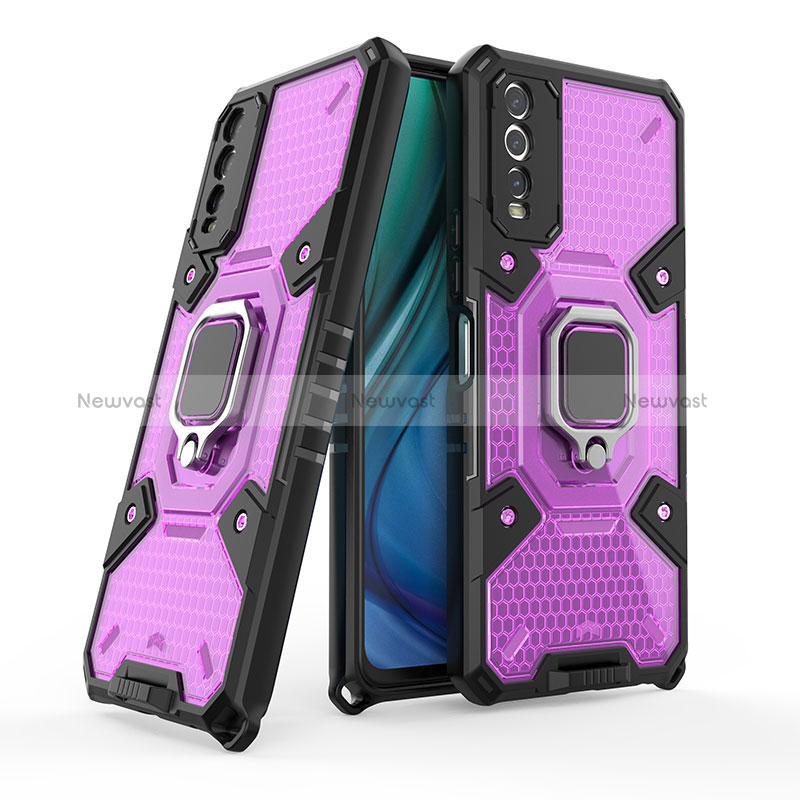 Silicone Matte Finish and Plastic Back Cover Case with Magnetic Finger Ring Stand KC3 for Vivo Y20 (2021) Purple