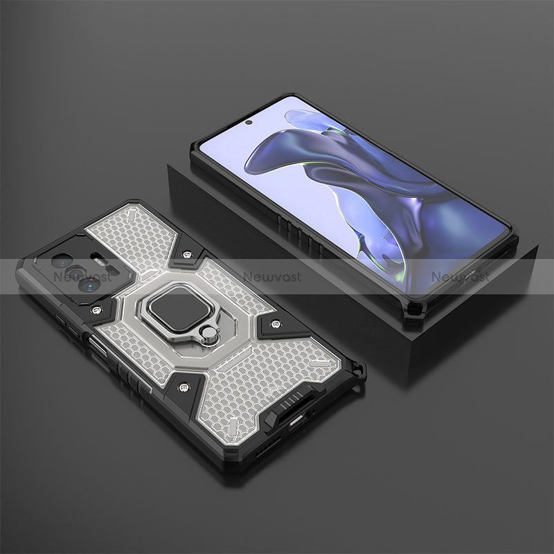 Silicone Matte Finish and Plastic Back Cover Case with Magnetic Finger Ring Stand KC3 for Xiaomi Mi 11T Pro 5G Black