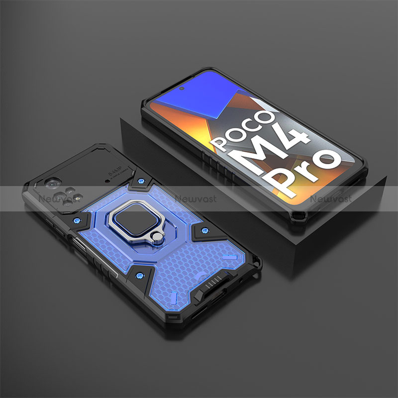 Silicone Matte Finish and Plastic Back Cover Case with Magnetic Finger Ring Stand KC3 for Xiaomi Poco M4 Pro 4G Blue