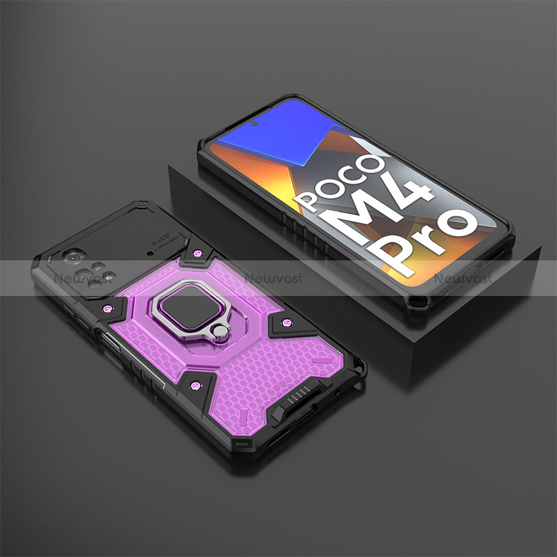 Silicone Matte Finish and Plastic Back Cover Case with Magnetic Finger Ring Stand KC3 for Xiaomi Poco M4 Pro 4G Purple