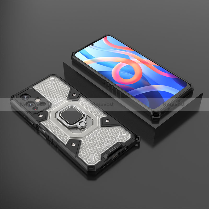 Silicone Matte Finish and Plastic Back Cover Case with Magnetic Finger Ring Stand KC3 for Xiaomi Poco M4 Pro 5G