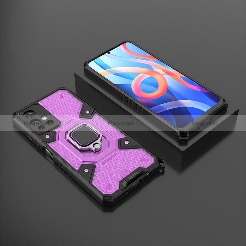 Silicone Matte Finish and Plastic Back Cover Case with Magnetic Finger Ring Stand KC3 for Xiaomi Poco M4 Pro 5G Purple