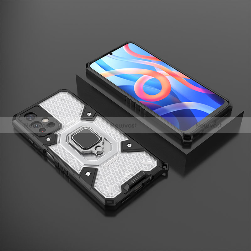Silicone Matte Finish and Plastic Back Cover Case with Magnetic Finger Ring Stand KC3 for Xiaomi Poco M4 Pro 5G White