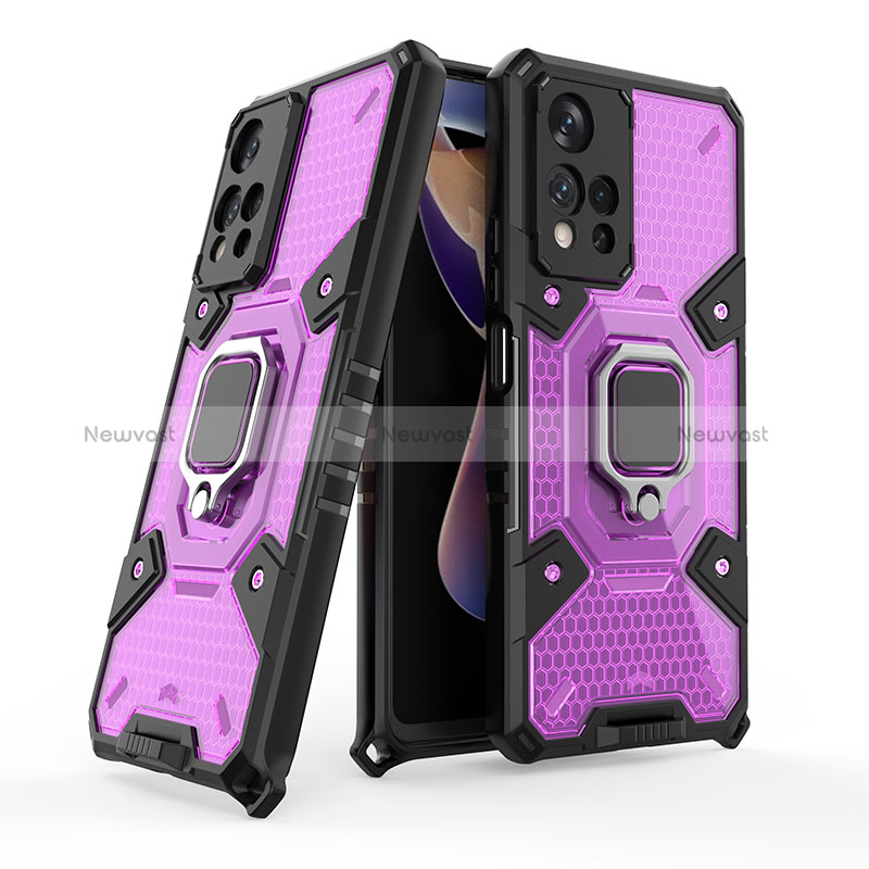 Silicone Matte Finish and Plastic Back Cover Case with Magnetic Finger Ring Stand KC3 for Xiaomi Poco X4 NFC Purple