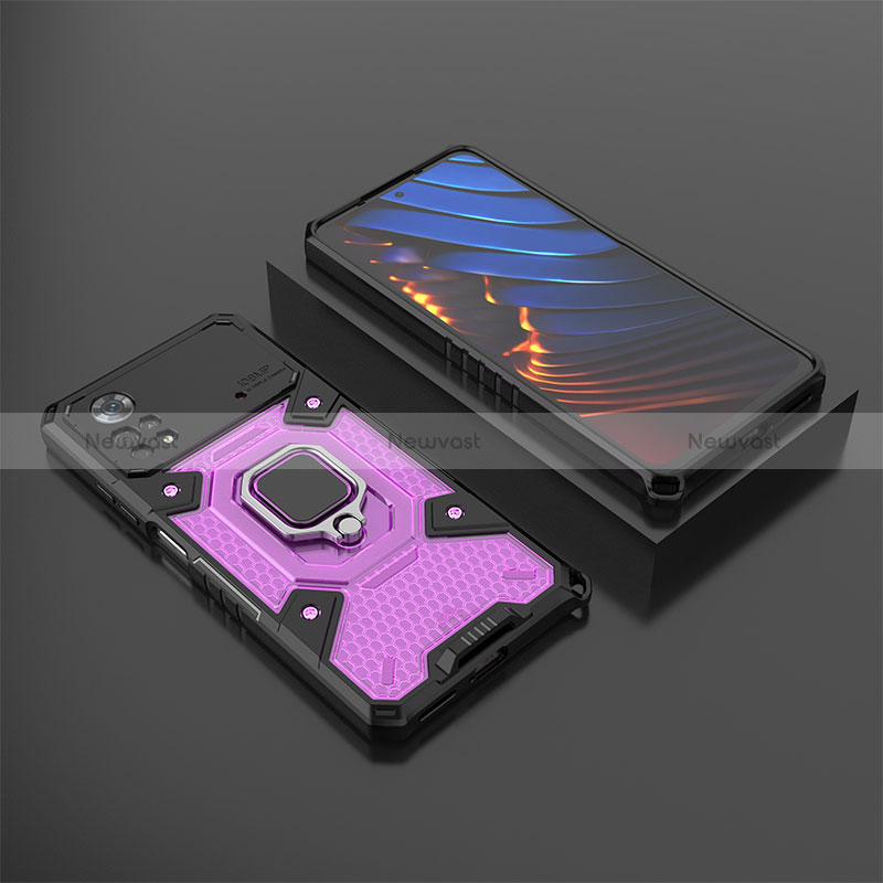 Silicone Matte Finish and Plastic Back Cover Case with Magnetic Finger Ring Stand KC3 for Xiaomi Poco X4 Pro 5G