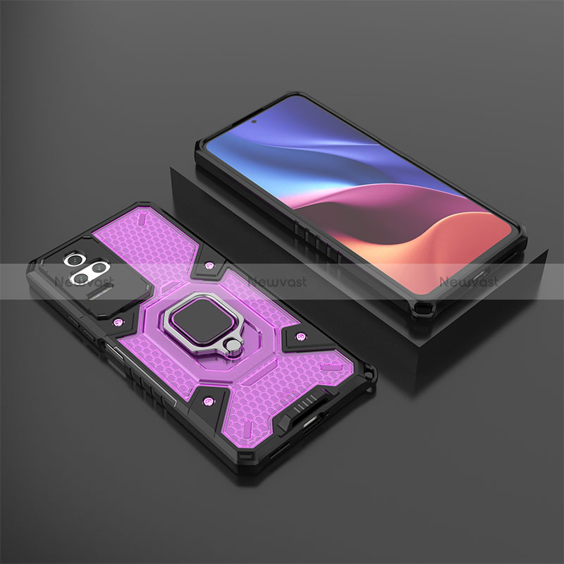 Silicone Matte Finish and Plastic Back Cover Case with Magnetic Finger Ring Stand KC3 for Xiaomi Redmi K50 5G