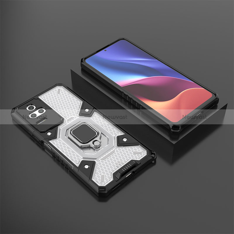 Silicone Matte Finish and Plastic Back Cover Case with Magnetic Finger Ring Stand KC3 for Xiaomi Redmi K50 5G White