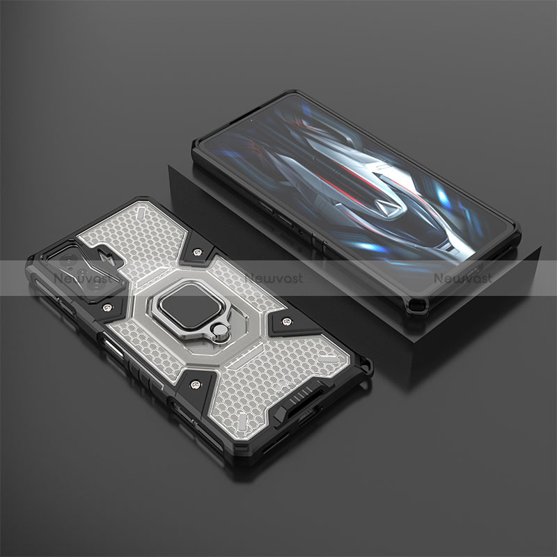 Silicone Matte Finish and Plastic Back Cover Case with Magnetic Finger Ring Stand KC3 for Xiaomi Redmi K50 Gaming AMG F1 5G Black