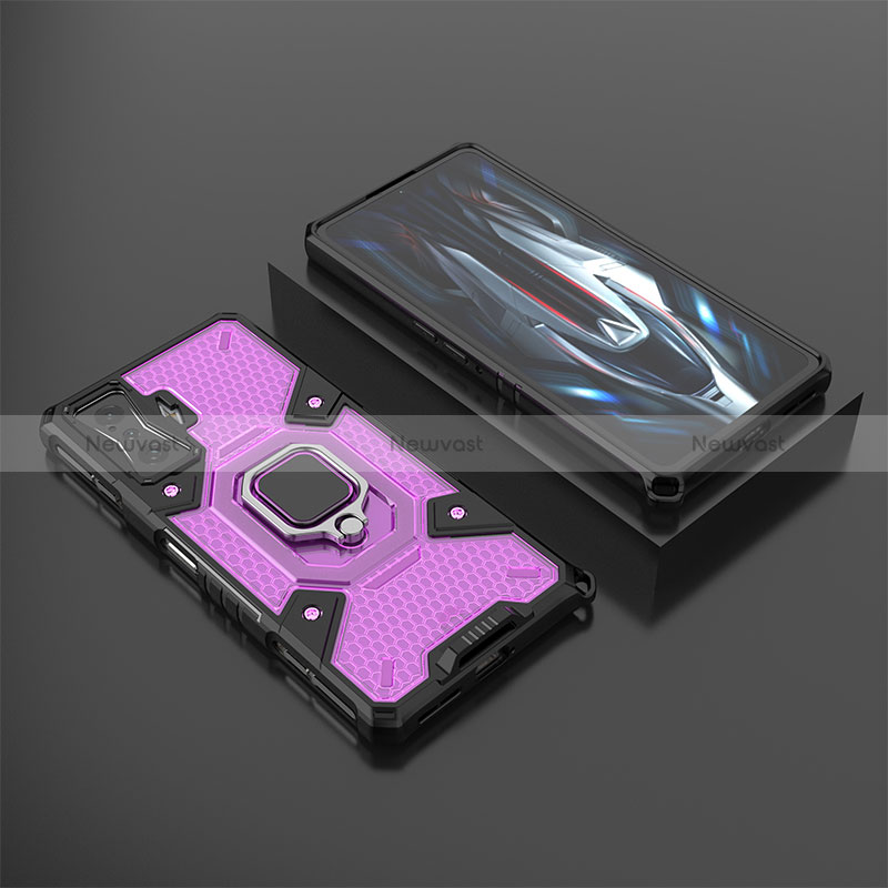 Silicone Matte Finish and Plastic Back Cover Case with Magnetic Finger Ring Stand KC3 for Xiaomi Redmi K50 Gaming AMG F1 5G Purple